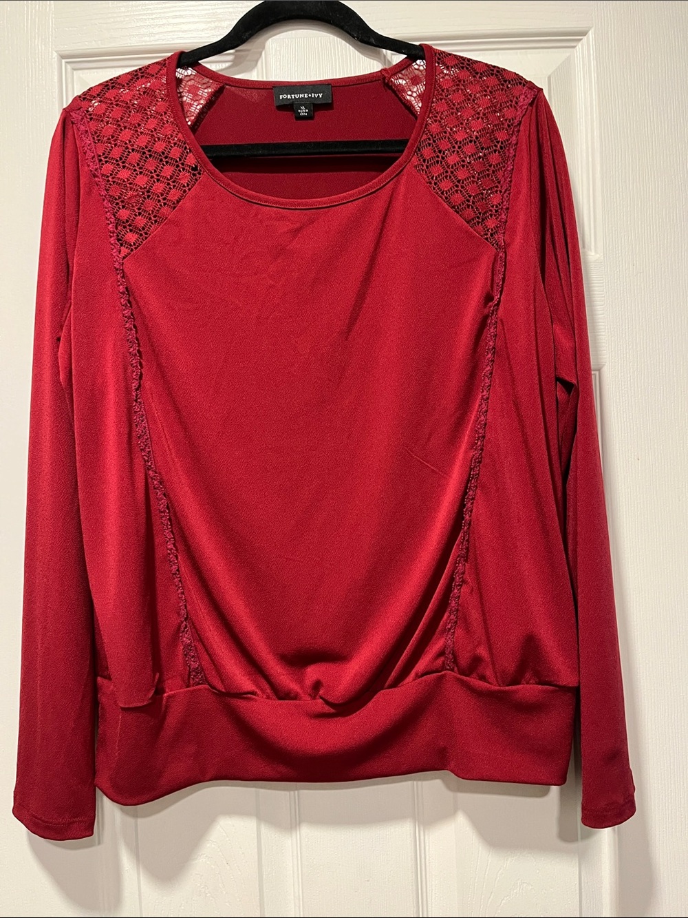 Red Long-Sleeve Lace-Shoulder Top